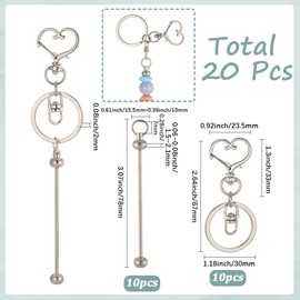 SUNNYCLUE 20Pcs DIY 10 Sets Keychain Bars Bulk Keychains Bead Blank Heart Silver Beaded Key Chain Swivel Buckle Clip Swivel Lobster Claw Clasps for Jewelry Making Charms Craft Gift Holiday Supplies