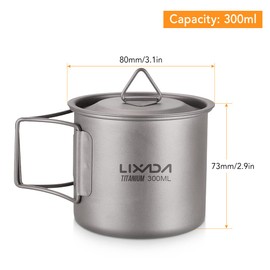Lixada Titanium Pot Camping Portable Titanium Water Portable Cup with Folding Handle (300 ml, 350 ml, 420 ml, 550 ml, 650 ml, 750 ml, 900 ml, 1600 ml)