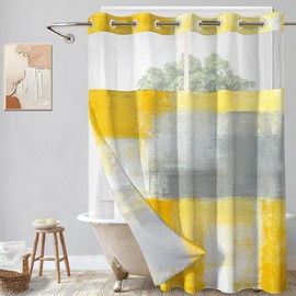 Lnond No Hooks Shower Curtain with Snap in Liner, Yellow Grey Abstract Hookless Shower Curtain for Bathroom,Machine Washable, 71" (W) X 74" (H)
