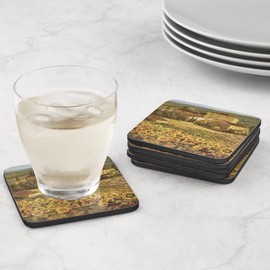 Pimpernel Tuscany Coasters, Set of 4 – 4" Square Cork-Backed Drink Mats with Sunflower Farmhouse Artwork, Heat & Stain Resistant to 212°F, Lacquered Surface for Dining, Coffee & Table Protection