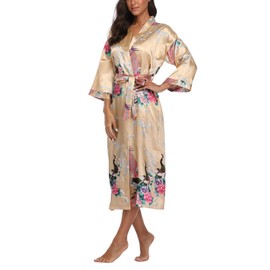 ABC-STAR Women's Kimono Robe Peacock & Blossom Robe Wedding Satin Bathrobe Nightgown - Gold - Medium