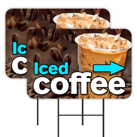 Vista Products Iced Coffee 2 Pack Double-Sided Yard Signs 16" x 24" with Metal Stakes (Made in the USA)