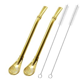 N A Steel Drinking Straws with Filter Spoon, 2 Pack Tea Straws, Mate Bombilla, Coffee Stirrer Stick for Iced Tea, Cocktail, with 2 Cleaning Brush (Gold), Golden