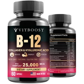 B12 with Hyaluronic Acid, Collagen and Folate – 25000 mcg B12 Complex | Maximize Absorption & Energy | Gluten Free USA Made, B1, B2, B3, B6, B7, B12 vitamins 5000 mcg Methylcobalamin - 60 Capsules