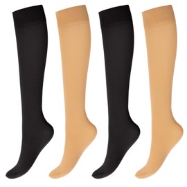 MANZI Knee High Socks for Women Solid Pop Socks Black Natural Nude 4 Pairs 40D