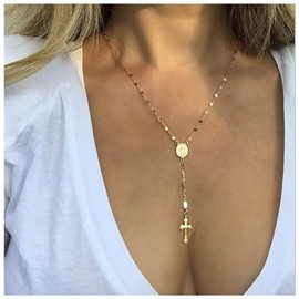 Iaceble Bohemia Cross Lariat Necklace Chain Cross Long Y Drop Necklace Chain Gold Virgin Mary Pendant Necklace Faith Cross Y Necklace Chain Jewelry for Women and Girls