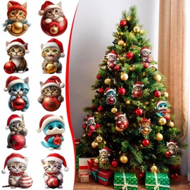Christmas Tree Decoration,10Pcs Christmas Tree Acrylic Pendant, Cute Cat with Light Xmas Tree Accessories Christmas Pendants Hanging, Cartoon Cat Christmas Ornament