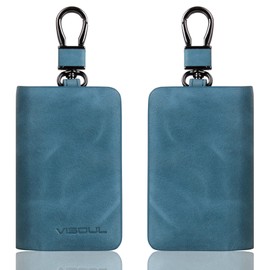 VISOUL Leather Car Key Fob Case Holder for Men and Women, Double Zipper Key Case Bag with Keychain and Remote Metal Hook for Smart Key Fob and House Keys (Blue)