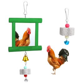 Dplolng Chicken Mirror Toys with Bells, Hanging Swing Mirror, Wooden Pecking Toy, Beak Grinding Molar Stones for Hens, Birds, Parrots, Xylophone, Sepak Takraw Toy