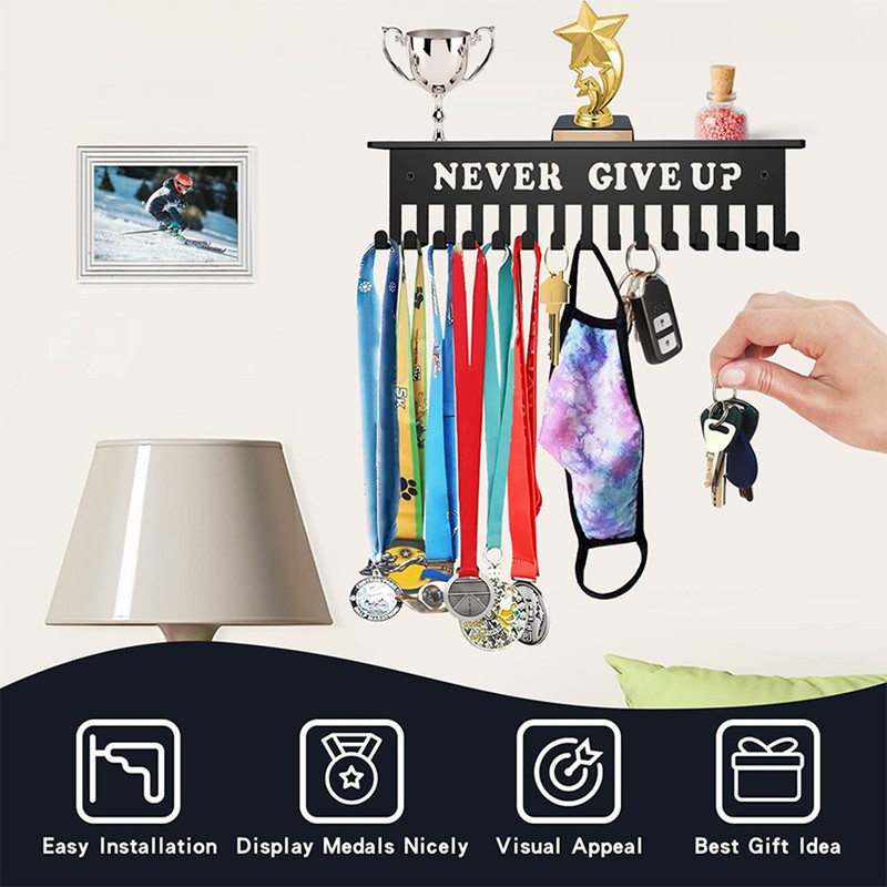 Medal Display Hanger Never Give Up Sturdy Shelf with Hooks