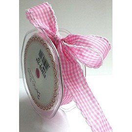 Bertie's Bows Baby Pink Gingham Print White Lace Edge 25mm (NB Sold by the metre)