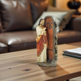 PlentifulHome Jesus Knocking at The Door Statue – 5.12” Resin Figurine Inspired by Revelation 3:20, Christian Religious Home Decor for Prayer Room, Altar, or Faith-Based Gift
