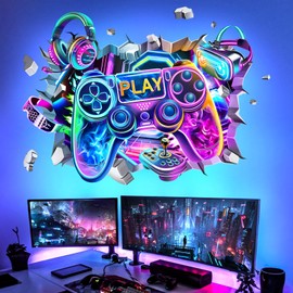 decalmile Wall Sticker 3D Gamer Children's Room Wall Sticker Gaming Controller Breakthrough Video Game Wall Sticker Boys Bedroom Children's Room Playroom Wall Decoration
