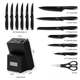 Hancorys Knife Sets for Kitchen with Block, 15 Pieces Chef Knife Set with Self Sharpening, Stainless Steel Nonstick Ceramic Anti-Rust Coating Blades, Ergonomic Handle, Black Grey