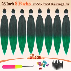 BARSDAR Pre Stretched Braiding Hair Extensions - 26 Inch 8 Packs Ombre Green Long Braiding Hair Easy Braid Pre Stretched Synthetic Crochet Braiding Hair Hot Water Setting Yaki Texture
