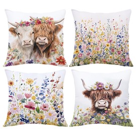 LANBEIDE Highland Cow Flowers Cushion Cover, Set of 4 Highland Cow Flowers Pillow Cover Scottish Present Animal Floral Spring Outdoor Throw Pillow Case Home Farmhouse Garden Decor18'x18'(45x45cm)