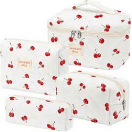 Bolsas de Cosméticos Acolchadas con Diseño de Cerezas Mini, Kit de 4 Piezas con Diferentes Tamaños, Organizador Portátil Suave, Ideal para Viajes, Escuela y Regalos para Mujeres (cereza grande)