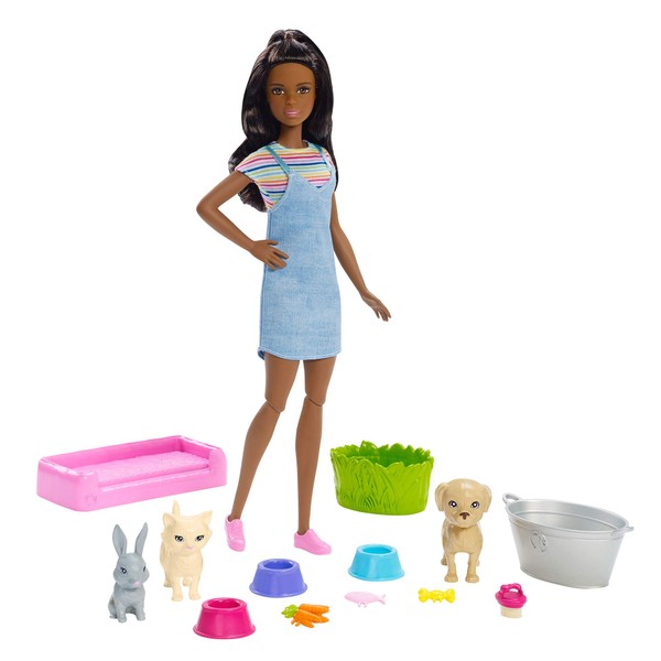 ​Barbie Play 'n Wash Pets Playset with Brunette Barbie Doll, 3 Color-Change Animals (A Puppy, Kitten and Bunny) and 10 Pet and Grooming Accessories, Gift for 3 to 7 Year Olds