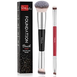 START MAKERS - Juego de 2 brochas de maquillaje de primera calidad para polvo, rubor, corrector, contorno de sombra de ojos, cejas 4 en 1, cepillo de maquillaje profesional