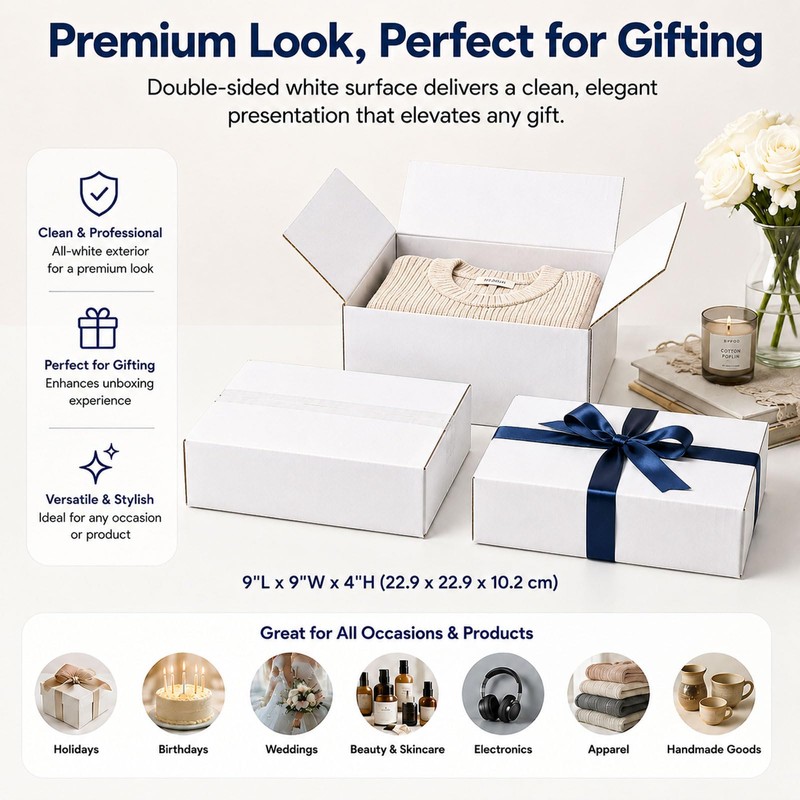 Yidomto 9x9x4 White Shipping Boxes, 25 Pack