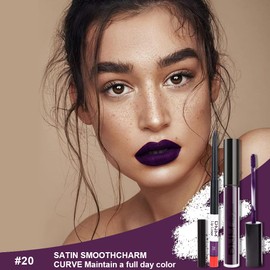 Amy's Diary 2Pcs Dark Purple Lip Liner and Lipstick Matte Makeup Set, Darkest Eggplant Plum 24H With Liner Set, Matt Liquid Long Lasting Mate Dark Berry (#20)