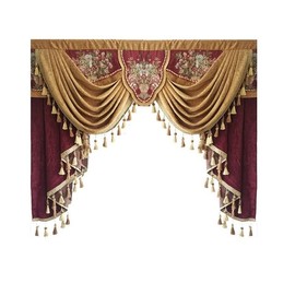 Risuho Luxury Brown Burgundy Floral Waterfall Swag Valance with Tassels for Living Room Bedroom Windows European Design Rod Pocket Top (150 cm, 1 Panel)