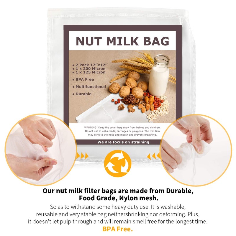 Nut Milk Bags, 12"x12", 2 Pack, Reusable Nylon Food Strainer,