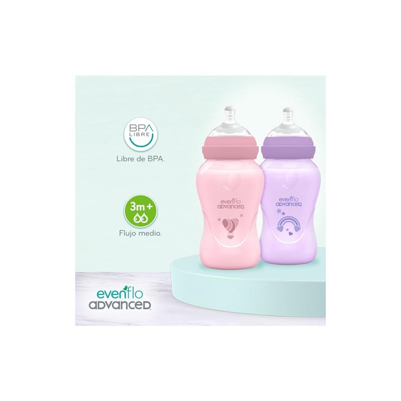 Evenflo Advanced Biberones Anticólicos Cuello Ancho, Rosa y Lila, Flujo