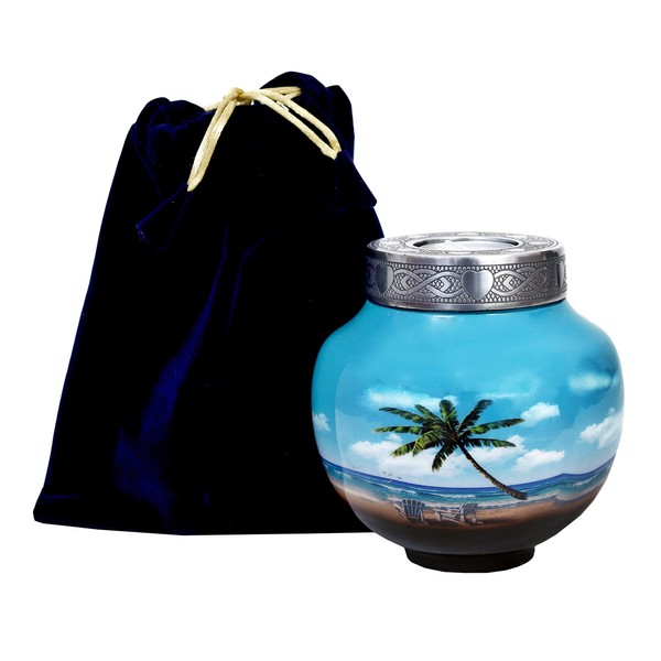 HLC Beach Urn Lovely Beach Urn Blue Palm Tree Design Cremation Urns for Human Ashes Cremation Sharing Urn to Remember Your Loved One Medium Funeral Urn - Modern Beautiful Memorial Urn 6 x 5