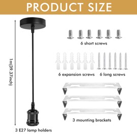 PRITOK 3 Pack E27 Industrial Style Black Ceiling Rose: Black Pendant Light Fitting, E27 Lamp Holders with 1m Flex Cable, Vintage Style Ceiling Pendant Fitting for Living Room, Hallway, Kitchen