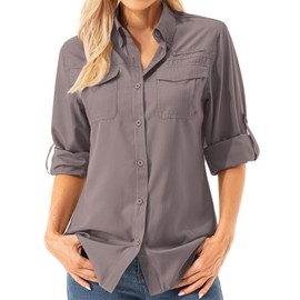 Womens UPF 50+ UV Sun Protection Safari Shirts Long Sleeve Outdoor Cool Quick Dry Fishing Hiking Gardening Shirts (5072 Purple Grey XL)