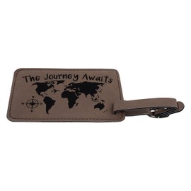 The Journey Awaits Globe Luggage Tag Travel Gifts for Men Study Abroad Gifts for Travel 2-pack Laser Engraved Leatherette Luggage Tags Brown