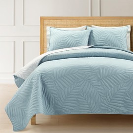 Lush Decor - Quilt Set, 3-Piece Reversible Cotton Bedding with Matching Shams, Embroidered Leaf Design (Isla Blue/White, King/California King)