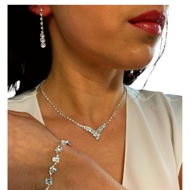 ONDEGO® 3er Set V SILBER Strass Schmuck Kette Schmuckset Armband Hochzeit Collier Halskette Brautschmuck Kommunion Ball Abiball