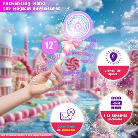 Forest & Twelfth Spinning Lollipop Wand - 12 Inch LED Light Up Fairy Princess Wand for Kids – Glow Stick Party Favor, Great Gift, Prop Toy for Boys and Girls - 3X AA Batteries Included
