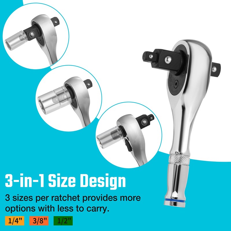 DURATECH Stubby Ratchet Set, 3-IN-1 Ratchet Handle, with 2 Extension