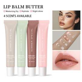 4pcs Summer Lip Balm, Hydrating Butter Tint Lip Balm, Winter Lip Care Butter Lip Masks, Tinted Lip Gloss Moisturizing Lip Balm with Brush