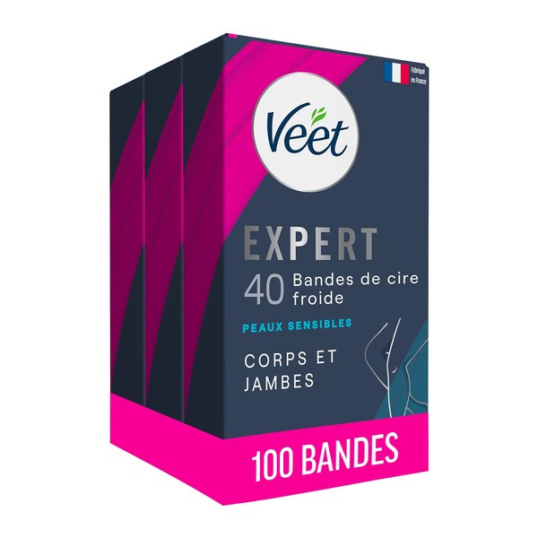 Veet EXPERT - 100 Bandes de Cire Froide Corps & Jambes - Peaux Sensibles - Finition Parfaite - Epilation Longue Durée - Lot de 2x40 + 1x20 bandes