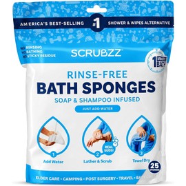 Scrubzz Toallitas de baño desechables sin enjuague, paquete de 25 – Toallitas de ducha todo en 1 de un solo uso, simplemente humedece, espuma y seca sin champú o enjuagar