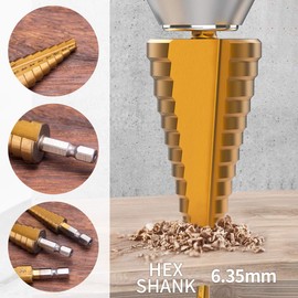 Step Drill Bit Set, 3 Pieces Titanium Coated High Speed Steel Unibit Cone Drill Bit Kit for Plastic, Wood, Metal Sheet, Aluminum Hole Drilling HSS Stepped Driil Bit (Metric 4-12mm/4-20mm/4-32mm)