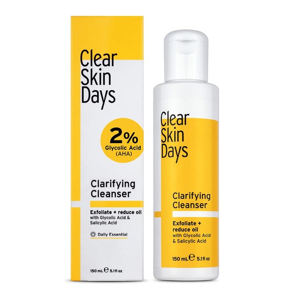 Clear Skin Days Clarifying Face Cleanser with 2% Salicylic & 2% Glycolic Acid - Deep Cleans, Exfoliates, Reduces Oil, Unclog Pores and Resurface Skin- Perfect For Acne-Prone Skin 150ml