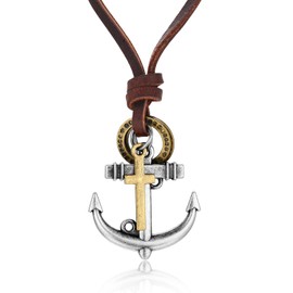 BIYONGDE Vintage Cross Nautical Marine Anchor Pendant Necklace, Adjustable Brown Leather, Men Women, Ethnic