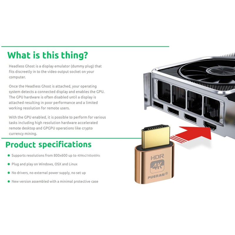 FUERAN 4K HDR HDMI Dummy Plug, Virtual Monitor EDID Emulator,