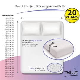 Twillie Mattress Protector 80 x 190 cm Waterproof and Breathable – Oeko-Tex® Certified – Aegis® – Hypoallergenic – Anti-Dust Mite, Bacterial – Mattress Cover 100% Polycotton