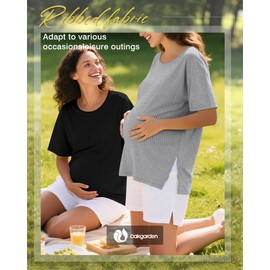 Oakgarden 3 Pack Women's Maternity Shirts Loose Cotton Pregnancy Tops Ribbed Crew Neck Side Split Casual Tunics Oversized Tee(Army Green, Light Gray, Black,Large)