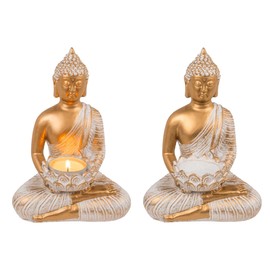 mtb more energy Decorative Tea Light Holder "Peaceful Buddha" - Sitting Buddha Figure - Vintage White Gold - Height Approx. 14 cm - Decoration Meditation Statue