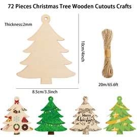 72 Pieces Wooden Christmas Tree Cutouts Crafts Embellishments Unfinished Christmas Tree Hanging Ornaments Blank Christmas Tree Wood Cutouts Slice with Ropes for DIY Crafts Christmas Xmas Decoration