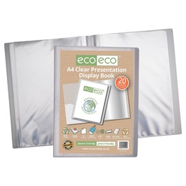 eco-eco A4 Size 50% Recycled 20 Pocket Clear Presentation Display Book, Storage Case Portfolio Art Folder with Plastic Sleeves, eco110