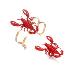 MYANAIL Fun Lobster Bracelet Ring Set for Women 3D Red Lobster Open Bangle Ring Sets Cute Animals Crayfish Adjustable Ring Simple Gold Plated Cuff Bracelet Summer Beach Jewelry (Red/Gold)
