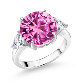 Gem Stone King 925 Sterling Silver Pink Created Sapphire and White Moissanite 3-Stone Ring For Women (8.74 Cttw, Round 12MM, Trillion 5MM, Available In Size 5, 6, 7, 8, 9)